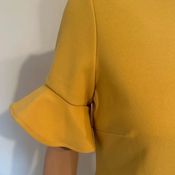 Calvin Klein Mustard Yellow Sheath Dress Size 4 | Flutter Sleeve - Picture 4 of 9